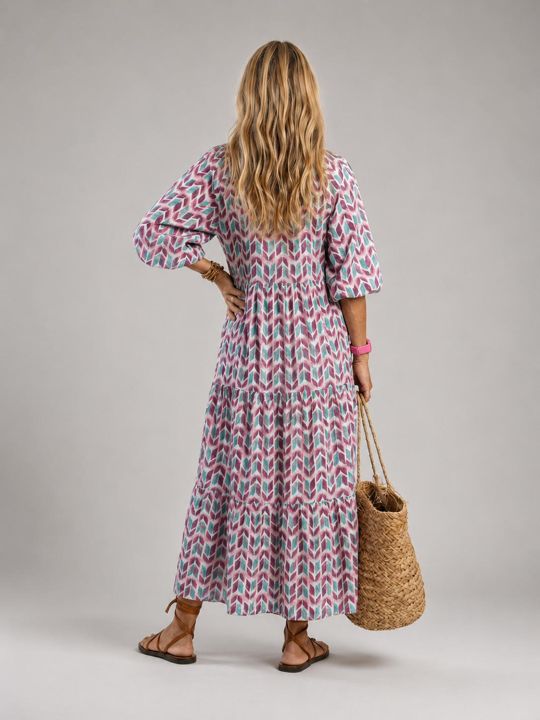 Auréline — Robe longue ikat à manches bouffantes