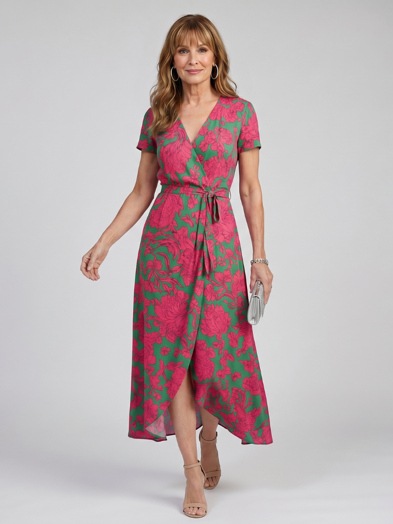 Gwenaëlle — Robe midi portefeuille fleurie, coloris Rose et vert