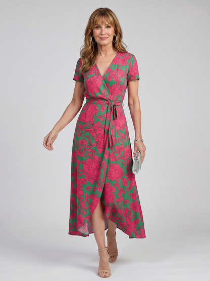Gwenaëlle — Robe midi portefeuille fleurie, coloris Rose et vert