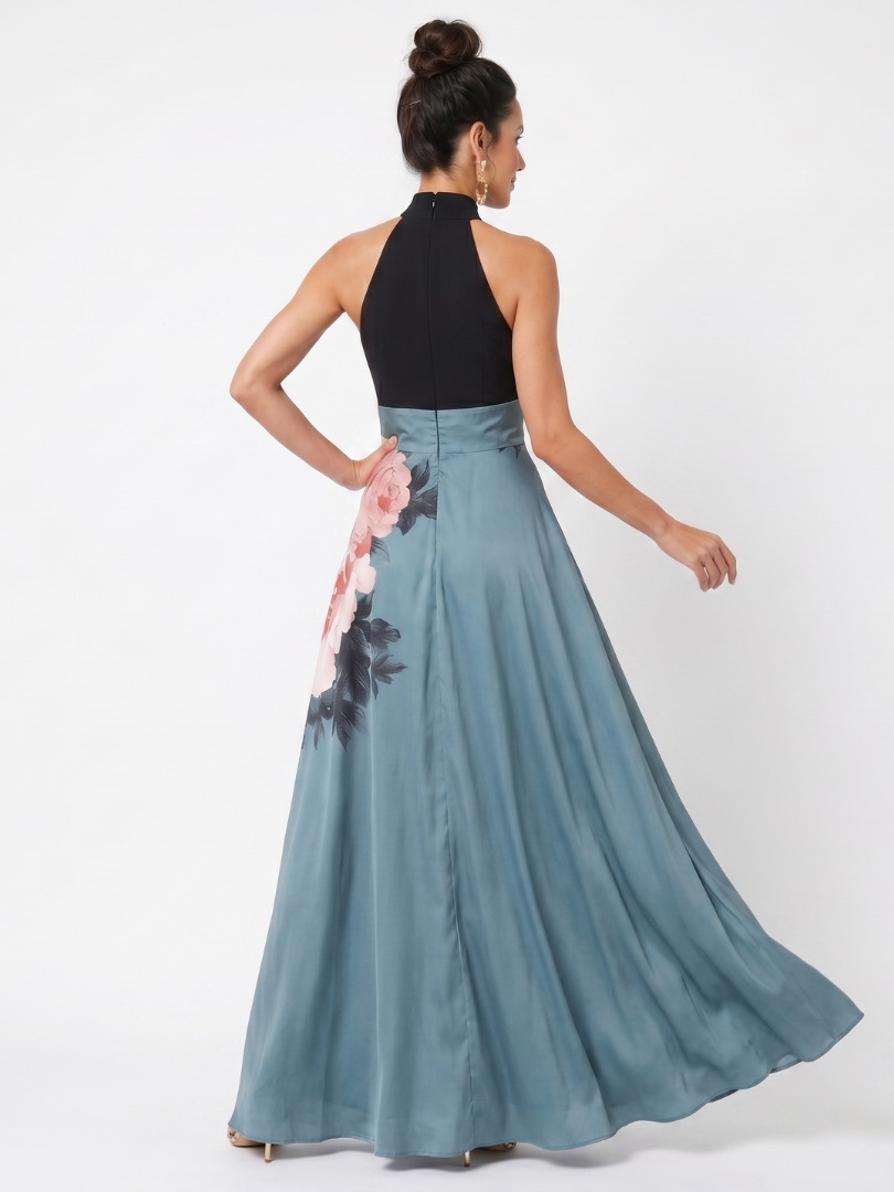 Zoraïde — Robe longue bicolore à fleurs peintes