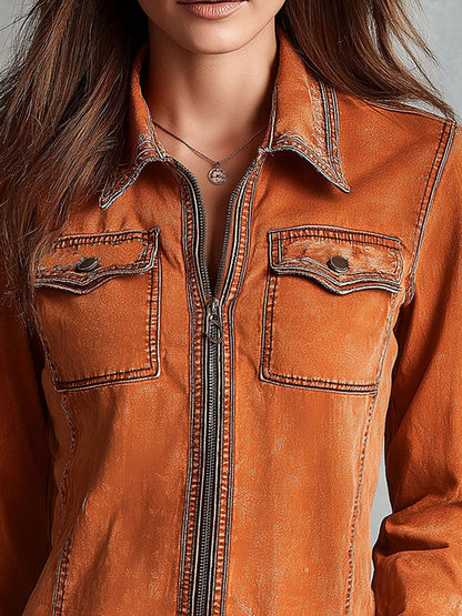 Florentine | Veste zippée en jean délavé terracotta