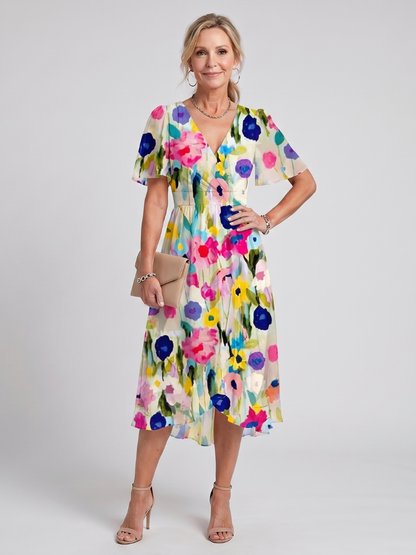 Flavie — Robe midi fleurie à manches papillon, coloris Multicolore fleuri