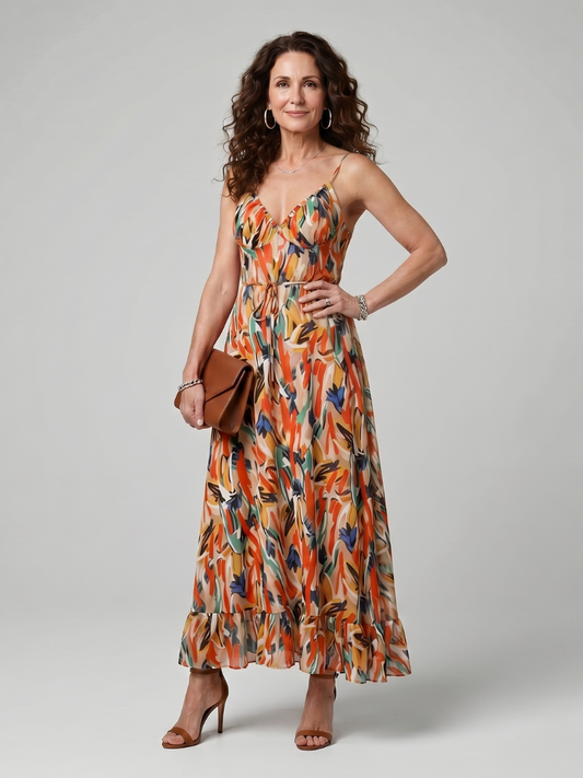 Ilona — Robe longue à fines bretelles et volant, coloris Orange multicolore