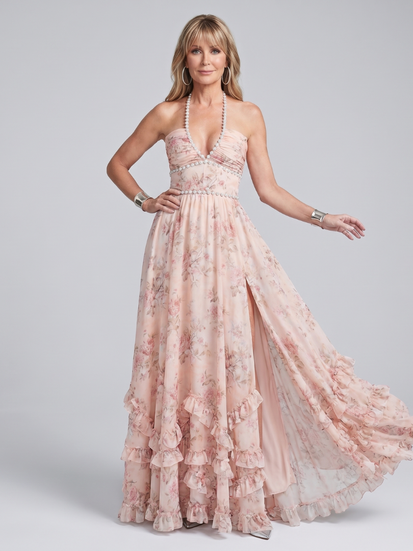Gisèle — Robe longue fleurie à bretelles perlées, coloris Rose fleuri