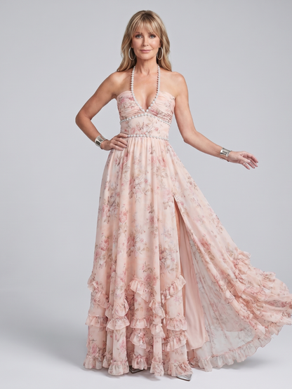 Gisèle — Robe longue fleurie à bretelles perlées, coloris Rose fleuri