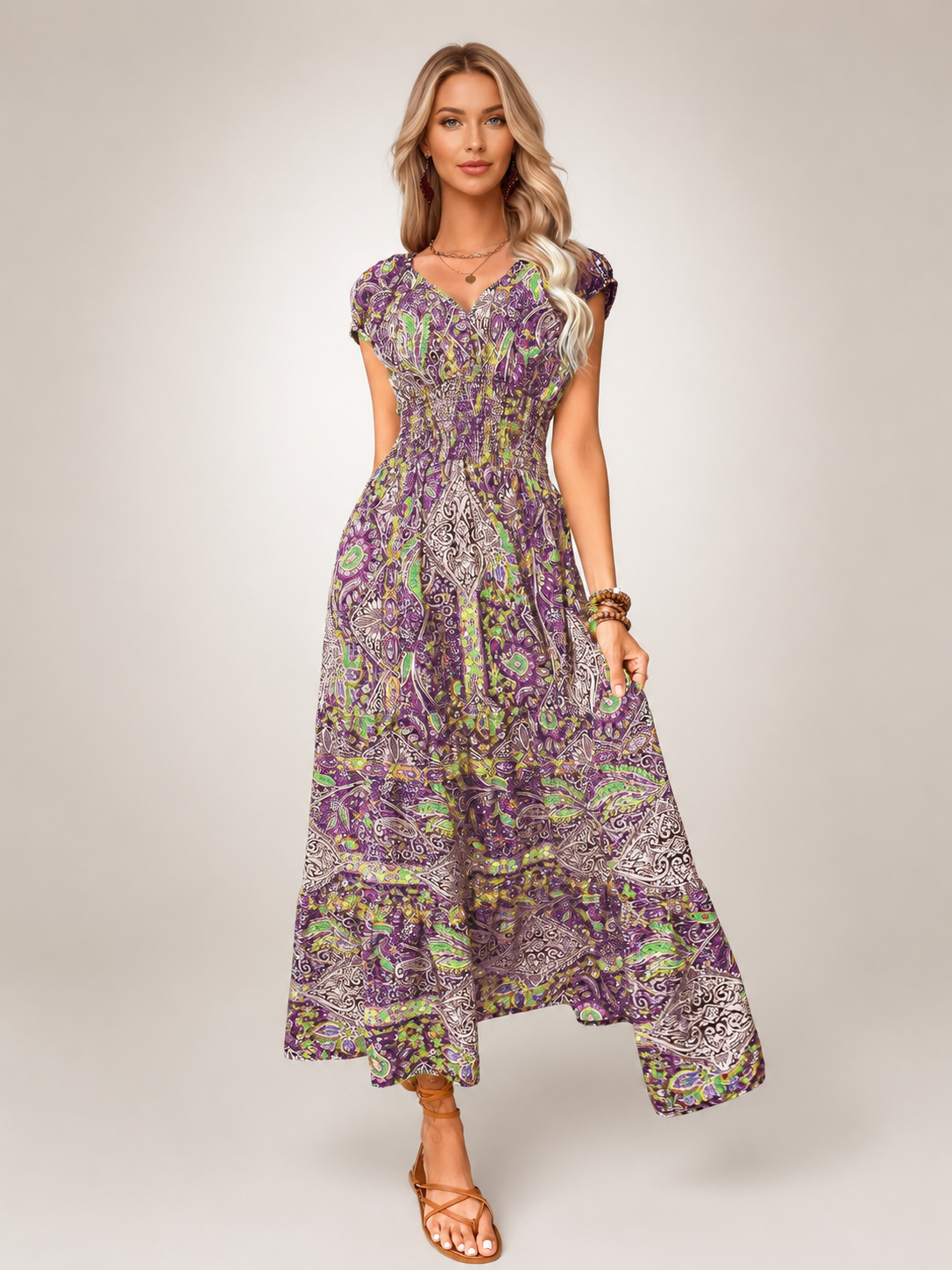 Ombeline — Robe longue bohème à imprimé cachemire, coloris Aubergine