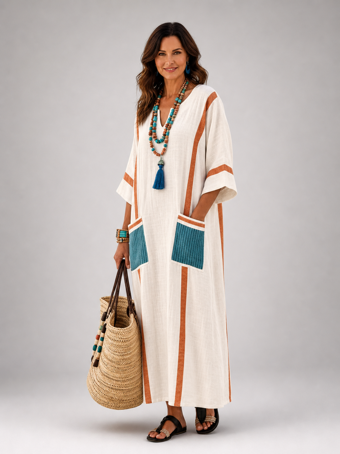 Armelle — Robe longue caftan à col V et poches
