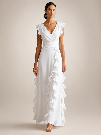 Ghislaine — Robe longue à volant cascade et col V, coloris Blanc