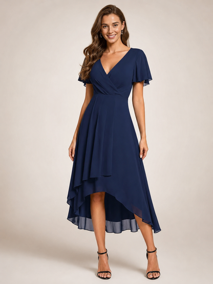 Roxane — Robe midi asymétrique à col V, coloris Bleu marine