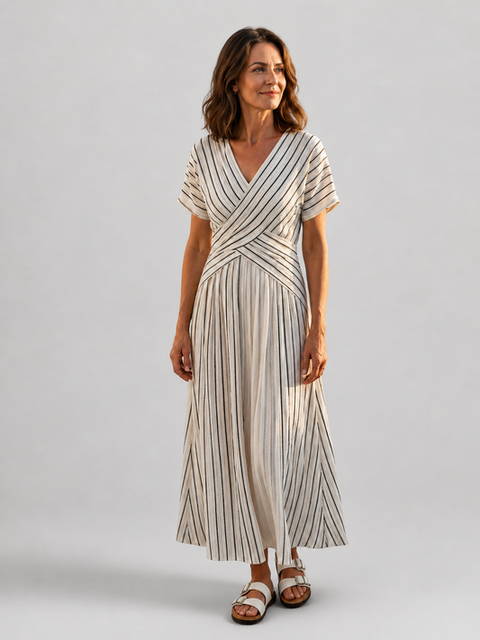 Justine — Robe longue rayée à ceinture croisée, coloris Écru rayé