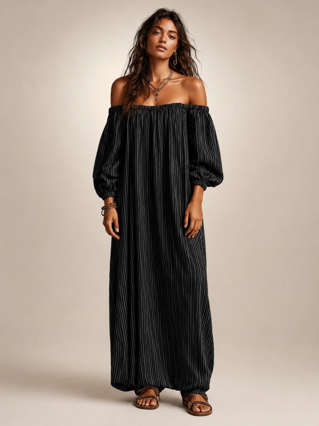 Sixtine — Robe longue épaules dénudées à rayures, coloris Rayé noir