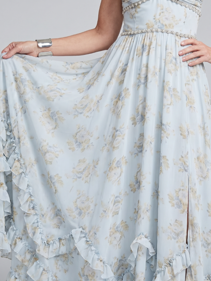 Gisèle — Robe longue fleurie à bretelles perlées
