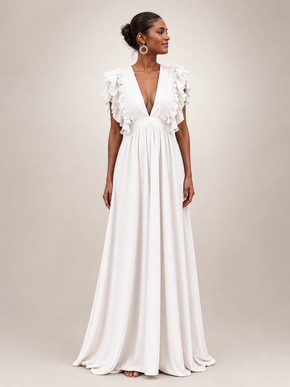 Géraldine — Robe longue dos nu à manches volantées, coloris Ivoire