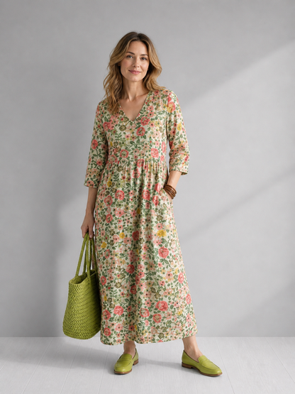 Valentine — Robe longue fleurie à taille froncée