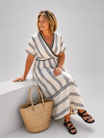 Anne — Robe longue portefeuille à rayures