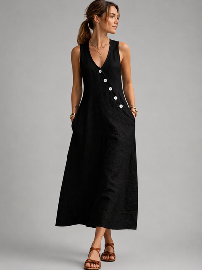 Bathilde — Robe longue sans manches à boutons, coloris Noir