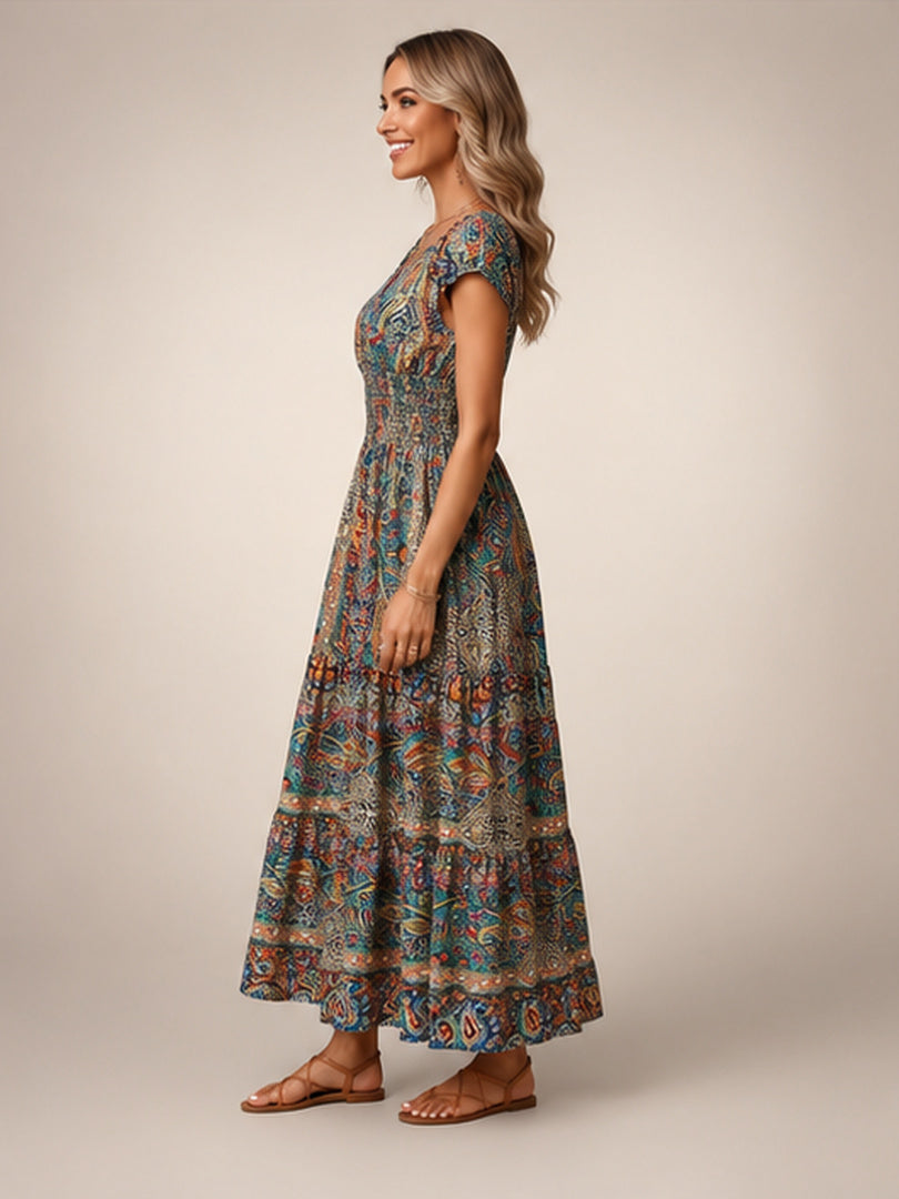 Ombeline — Robe longue bohème à imprimé cachemire