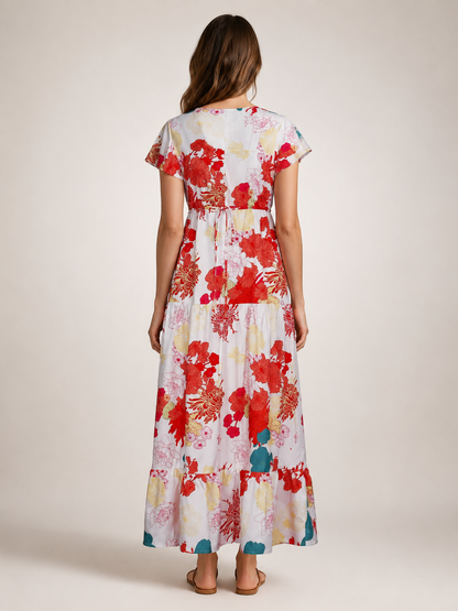 Dorothée — Robe longue à col V et volants