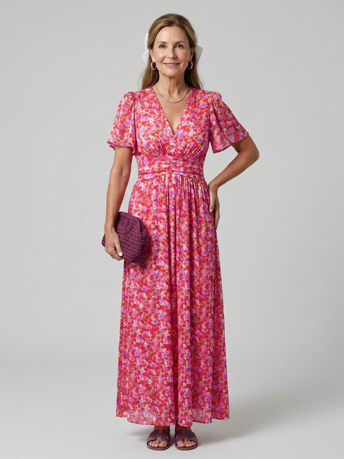 Elsa — Robe longue à petites fleurs, coloris Rose