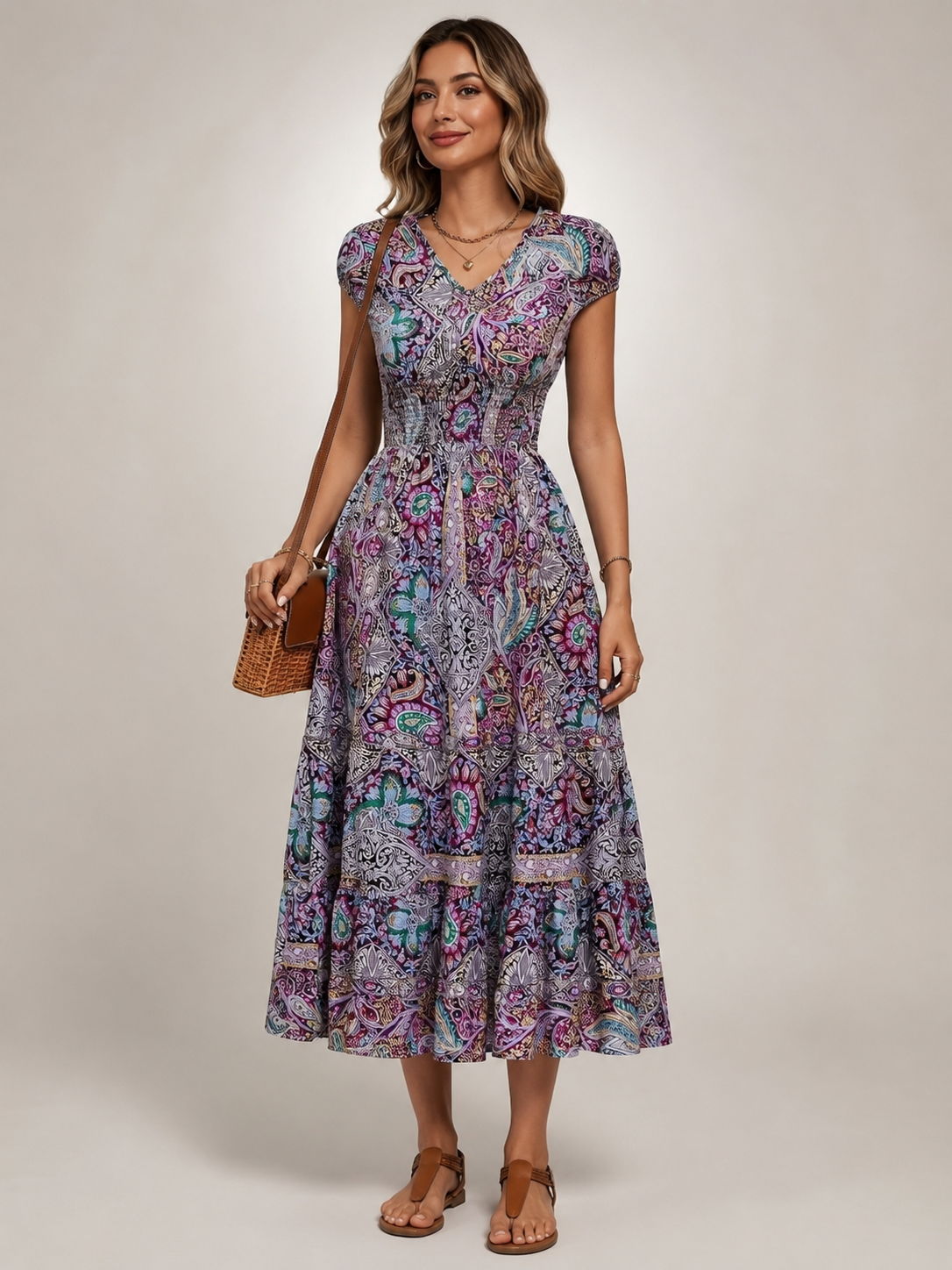Ombeline — Robe longue bohème à imprimé cachemire, coloris Bleu marine