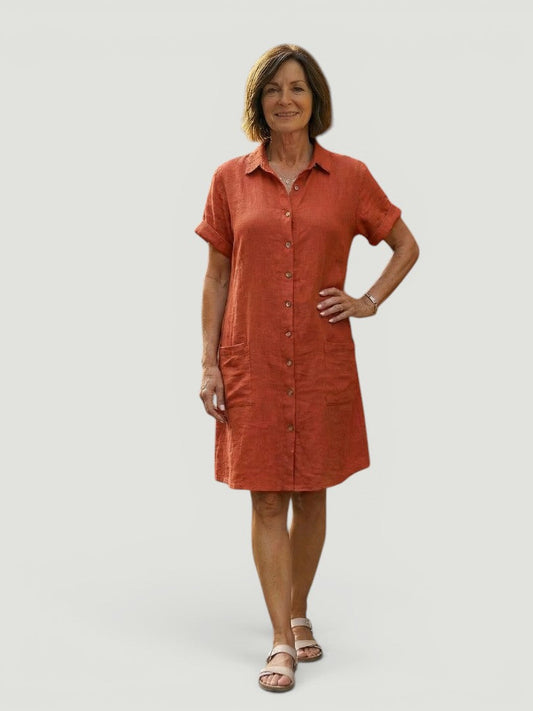 Lorène — Robe courte chemise à poches, coloris Terracotta