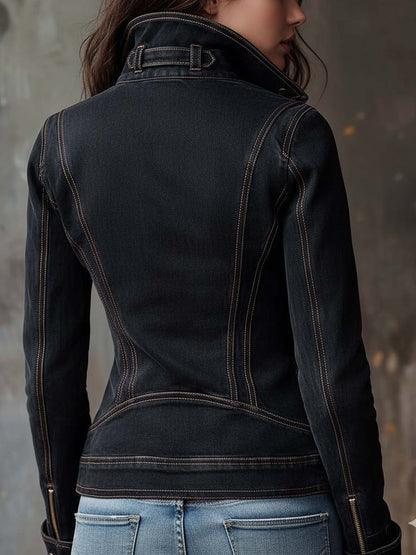 Mélisande | Veste motarde en jean à zip asymétrique