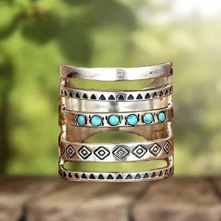 Empilement Désert | Bague empilée dorée et argentée avec pierres turquoise – Vue 01