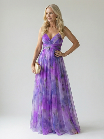 Maïwenn — Robe longue cache-cœur en voile imprimé, coloris Violet aquarelle