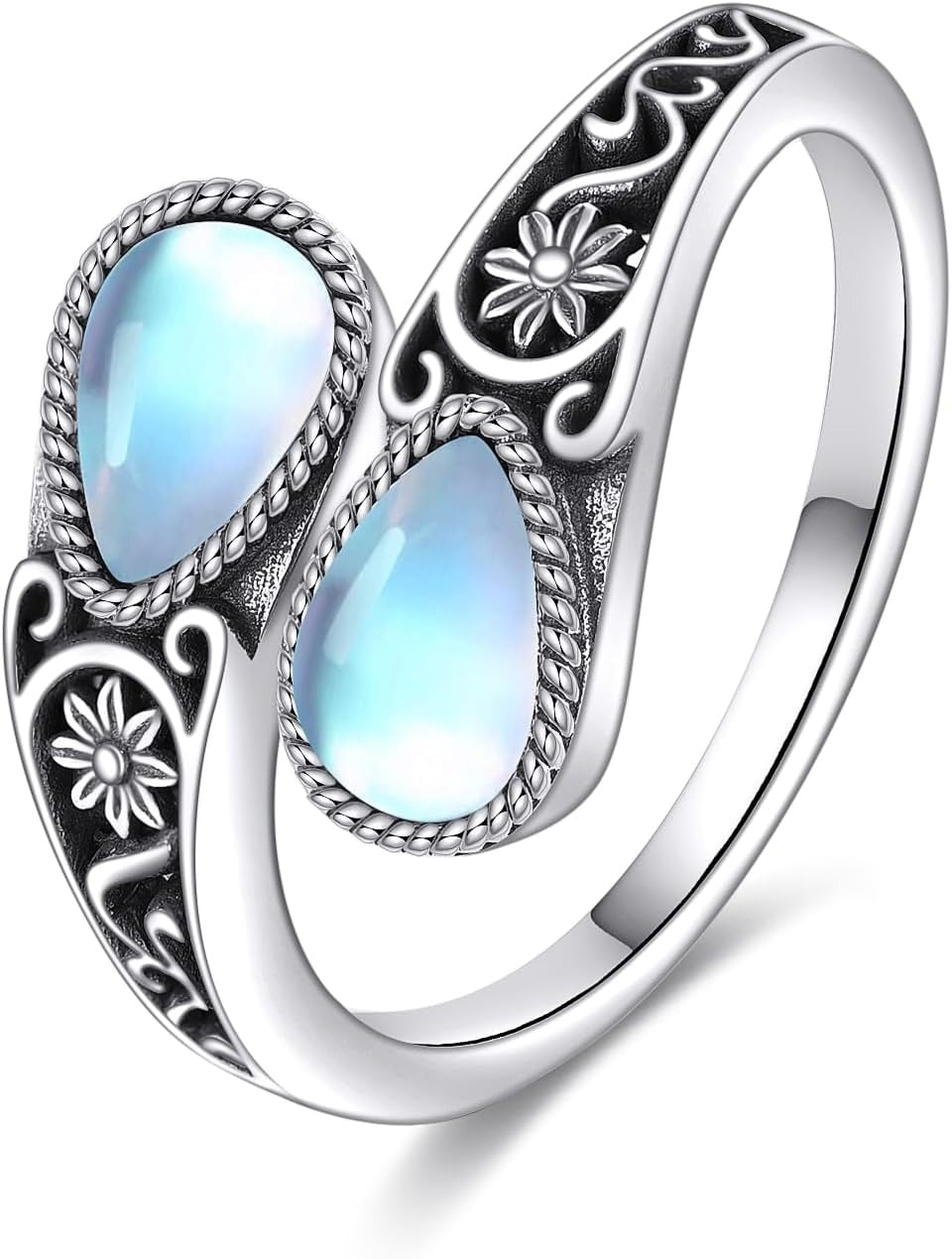 Miroir Céleste | Ensemble de bagues argentées avec pierres bleu clair – Vue 01