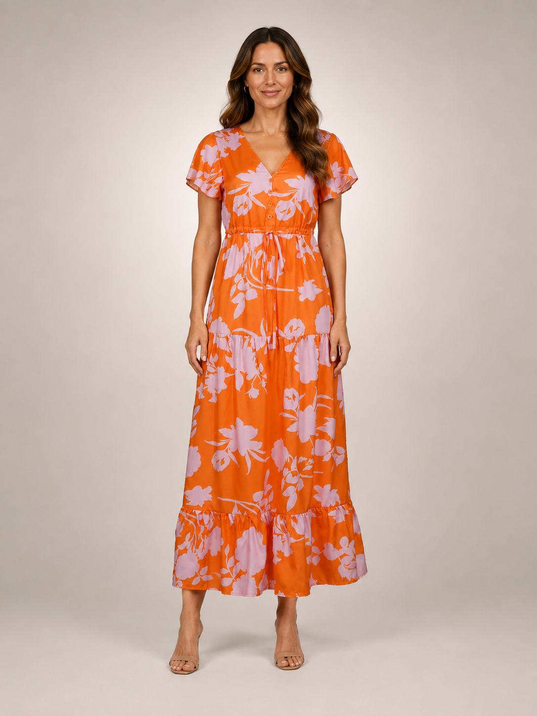 Dorothée — Robe longue à col V et volants, coloris Orange vif