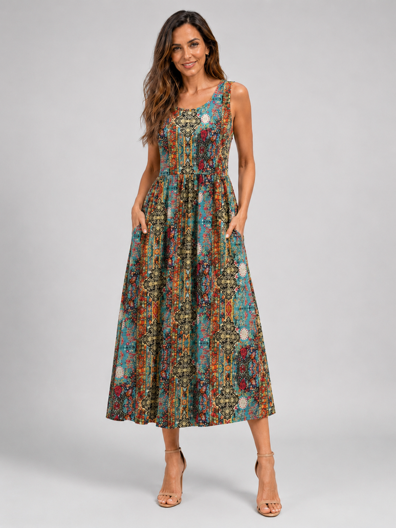 Ambre — Robe midi bohème à col licou, coloris Multicolore paisley