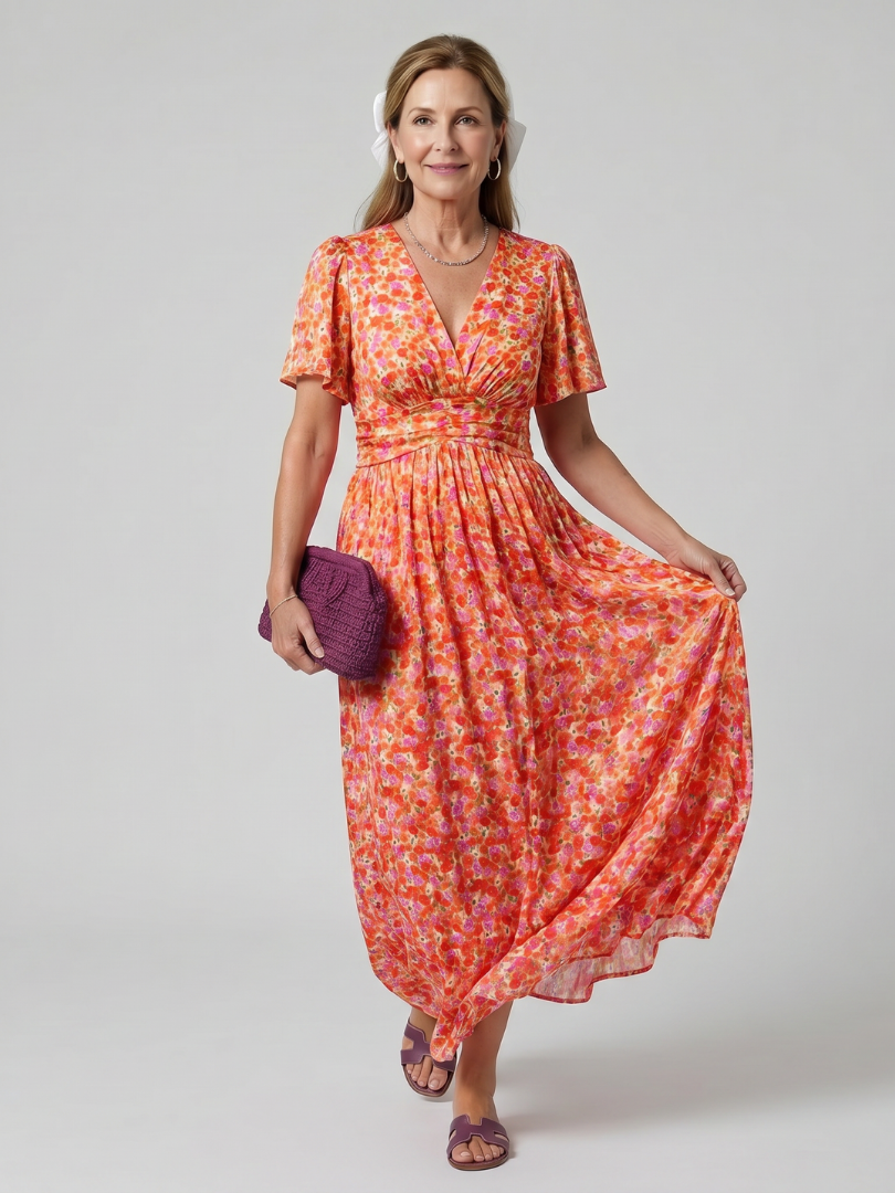 Elsa — Robe longue à petites fleurs, coloris Orange
