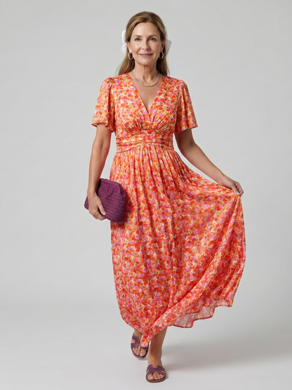 Elsa — Robe longue à petites fleurs, coloris Orange