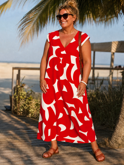 Ondine — Robe longue à imprimé graphique, coloris Rouge et blanc