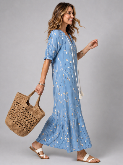 Maïté — Robe longue à lien et pompons