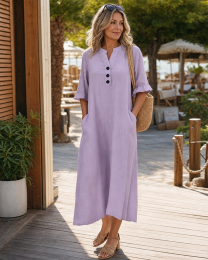 Léontine — Robe midi à manches 3/4 et boutons, coloris Lilas