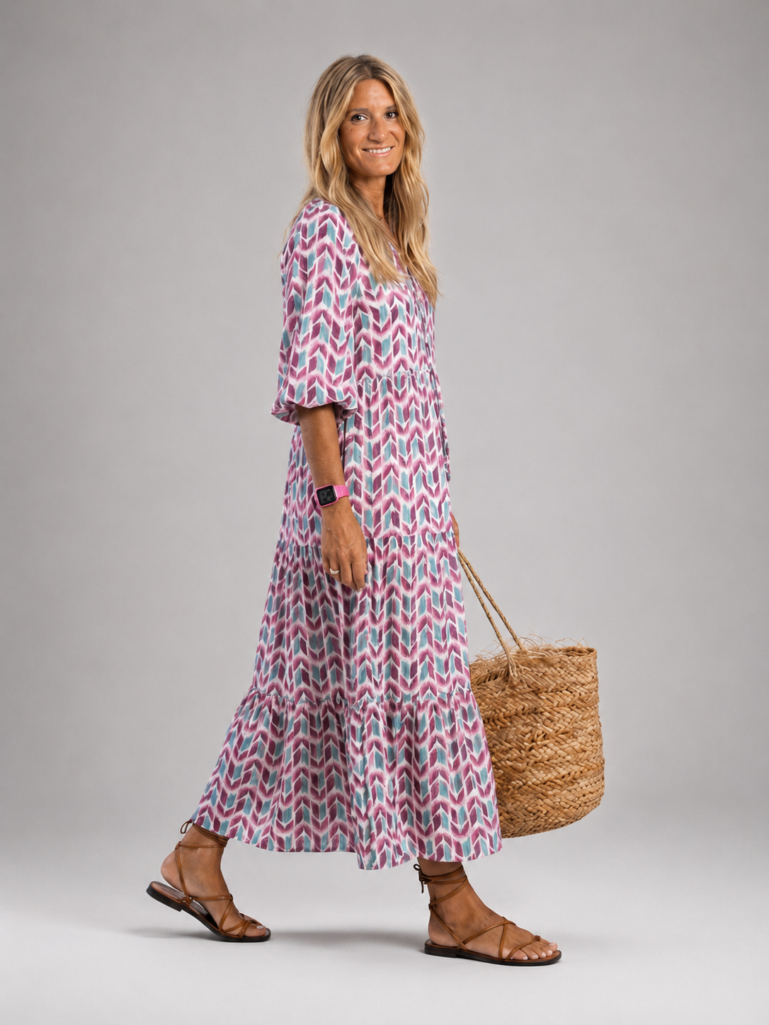 Auréline — Robe longue ikat à manches bouffantes