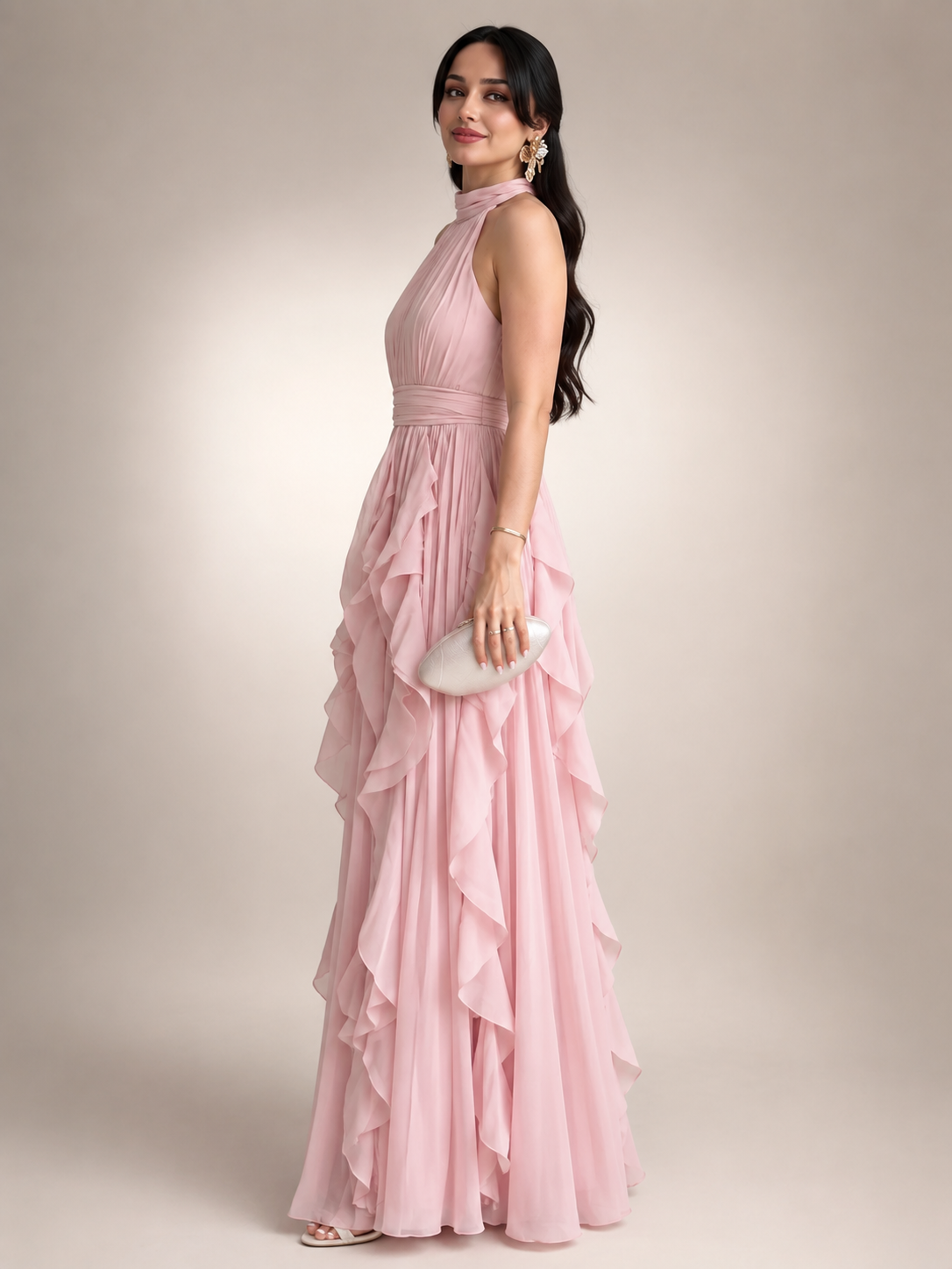 Séraphine — Robe longue à col licou et volants cascade