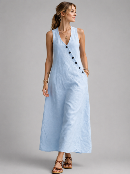 Bathilde — Robe longue sans manches à boutons, coloris Bleu ciel