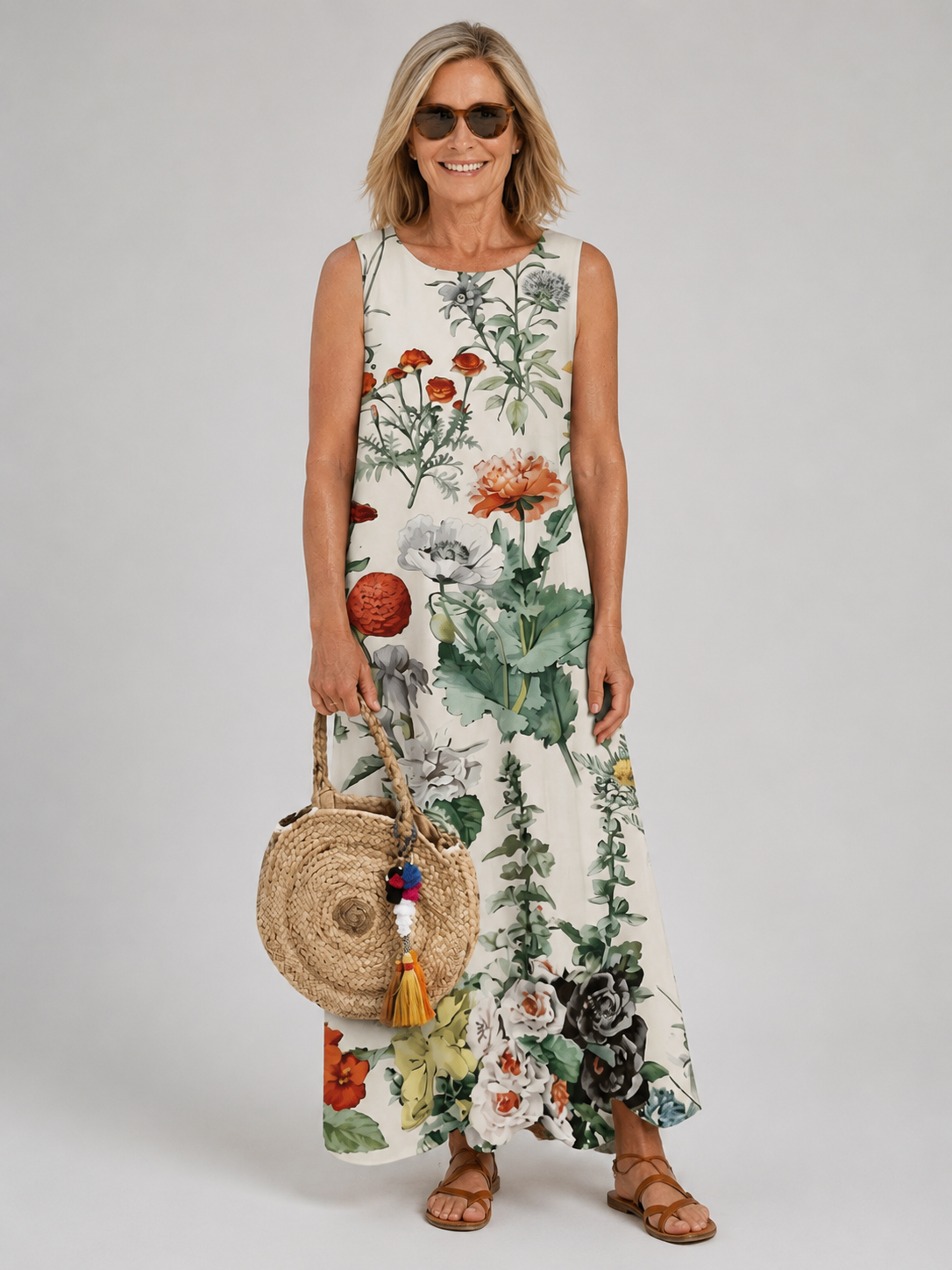 Florine — Robe longue à imprimé botanique, coloris Écru fleuri