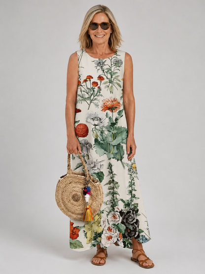 Florine — Robe longue à imprimé botanique, coloris Écru fleuri