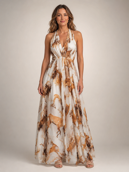 Rosemonde — Robe longue bohème à col licou, coloris Kaki