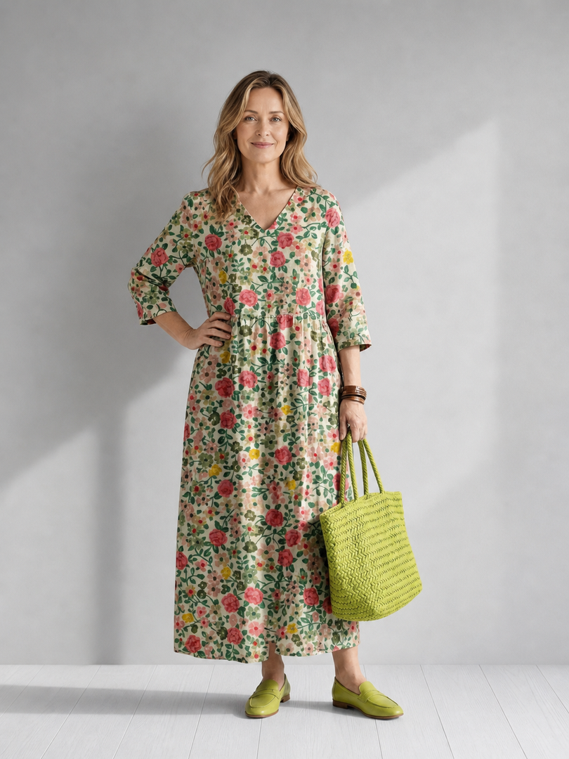 Valentine — Robe longue fleurie à taille froncée, coloris Fleuri