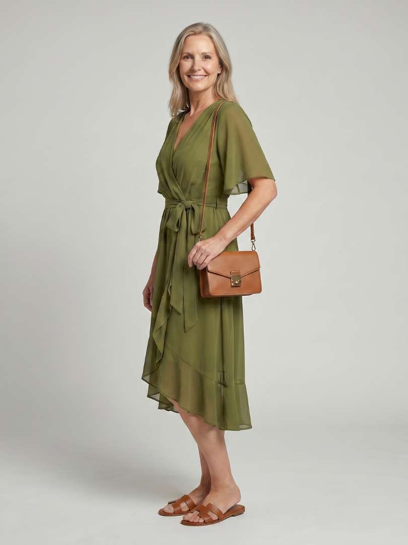 Léane — Robe midi portefeuille à ceinture
