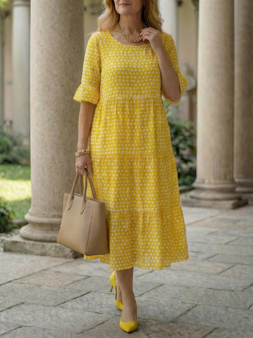 Marielle — Robe midi à pois et volants étagés