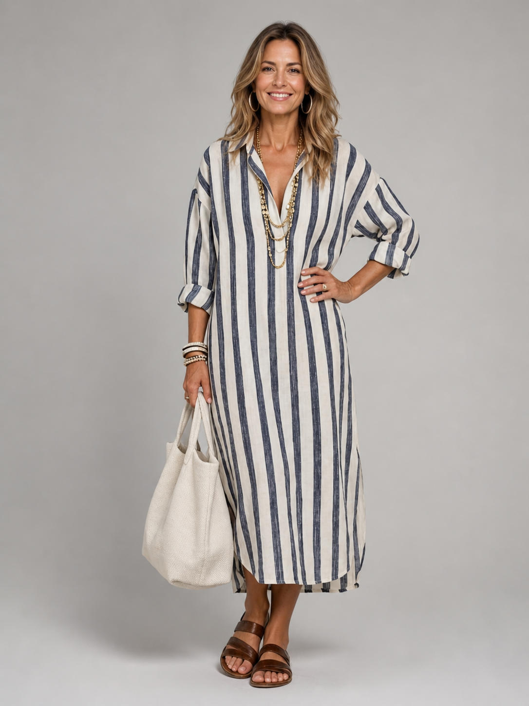 Corinne — Robe chemise longue à rayures verticales, coloris Bleu