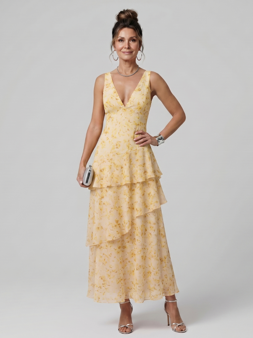 Olympia — Robe longue sans manches à volants étagés, coloris Jaune fleuri