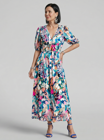 Léopoldine — Robe longue à manches ballon, coloris Multicolore