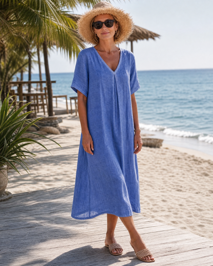 Marine — Robe longue à col V et pli devant, coloris Bleu roi