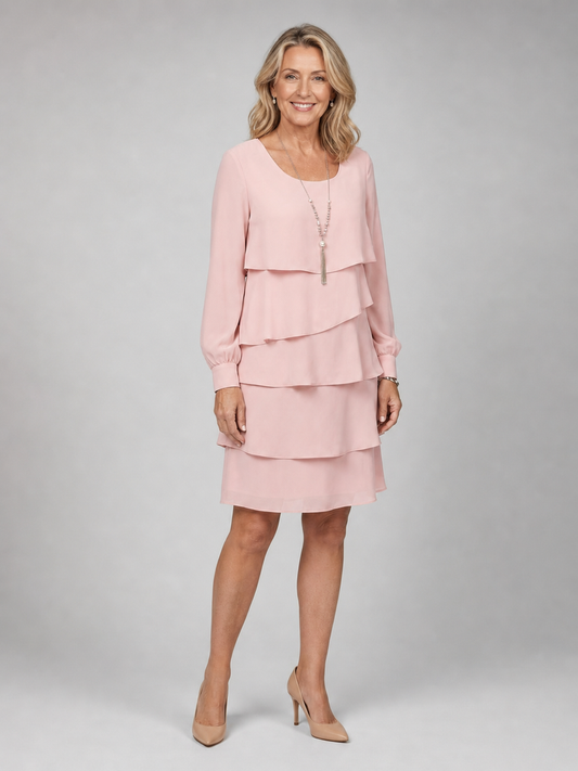 Barbara — Robe à volants et manches longues, coloris Rose poudré